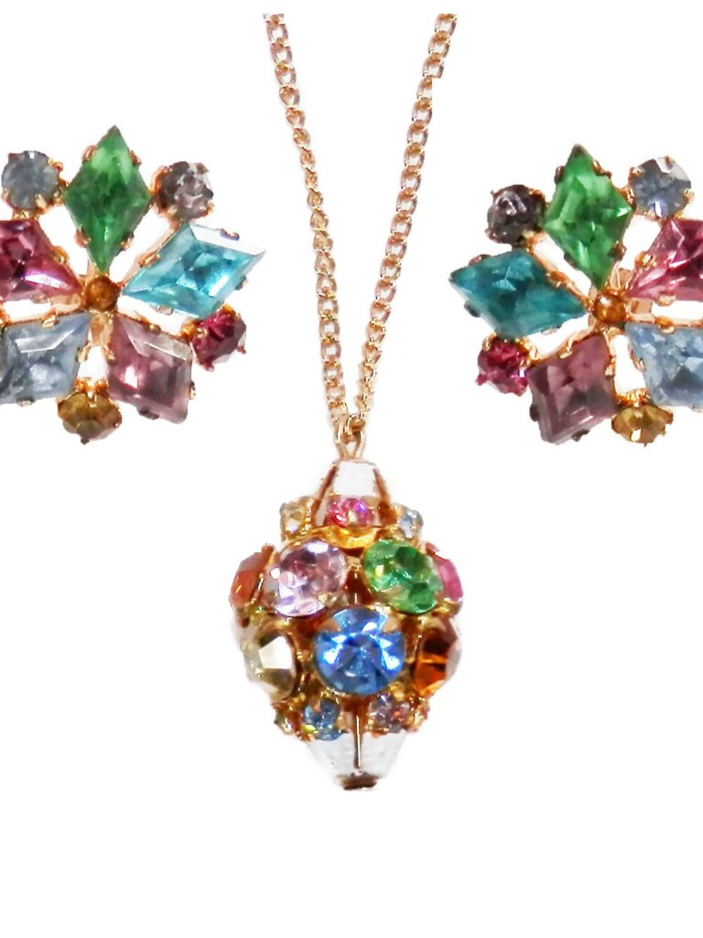 Vtg Czechoslovakia Multi Color Rhinestone Earrings Drop Pendant Necklace 60s